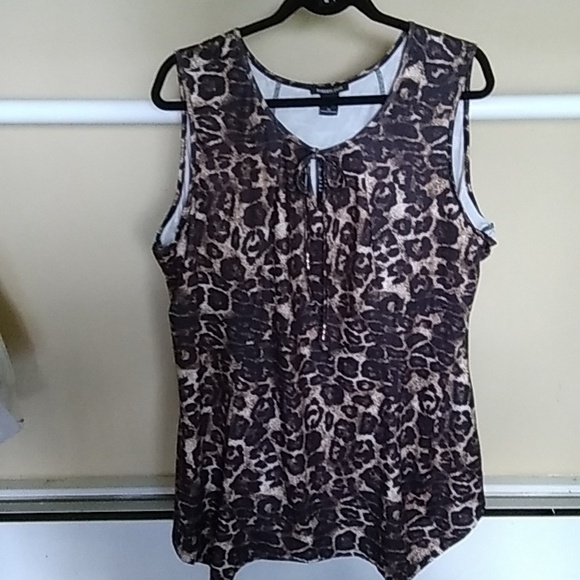 Robert Louis Tops - Robert Louis Sleeveless Leopard Print Tie-Neck Top - Brown